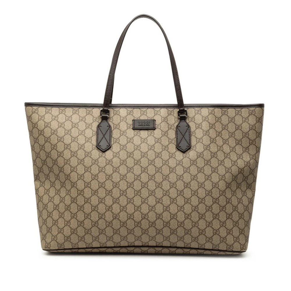 Gucci GG Supreme Tote Bag Beige Cream Dark Brown Leather